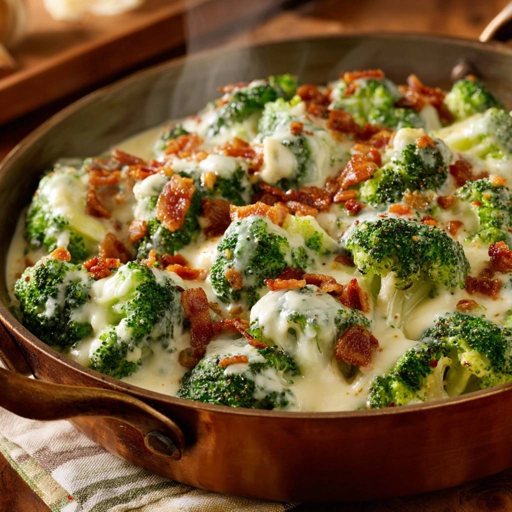 Cremiger Brokkoli Mit Bacon Nahaufnahme In Pfanne 1 Cremiger Brokkoli mit Bacon in einer kupferfarbenen Pfanne, garniert mit knusprigem Bacon, serviert in einer cremigen Käsesauce.