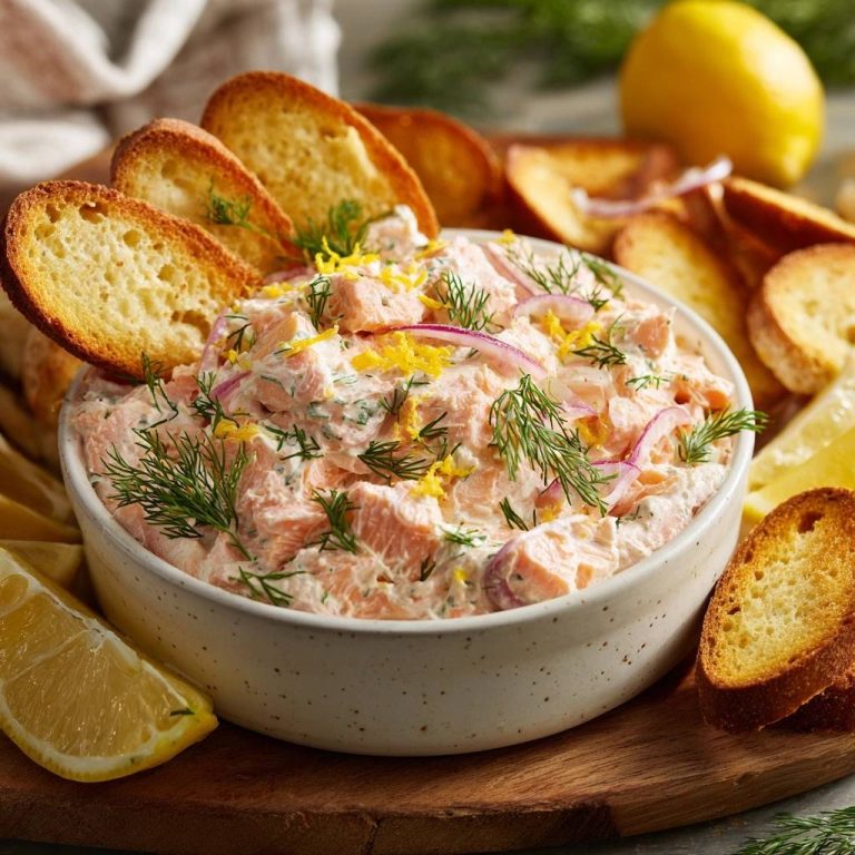 Cremiger Dill-Lachs-Dip in einer Nahaufnahme, serviert mit knusprigen Toastscheiben und frischen Kräutern, perfekt angerichtet.