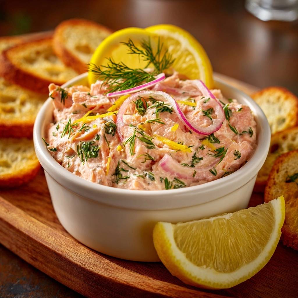Cremiger Dill Lachs Dip Serviert 1 Cremiger Dill-Lachs-Dip serviert in einer Schüssel, garniert mit Zitronenscheiben, roten Zwiebeln und frischem Dill, mit gerösteten Brotscheiben.