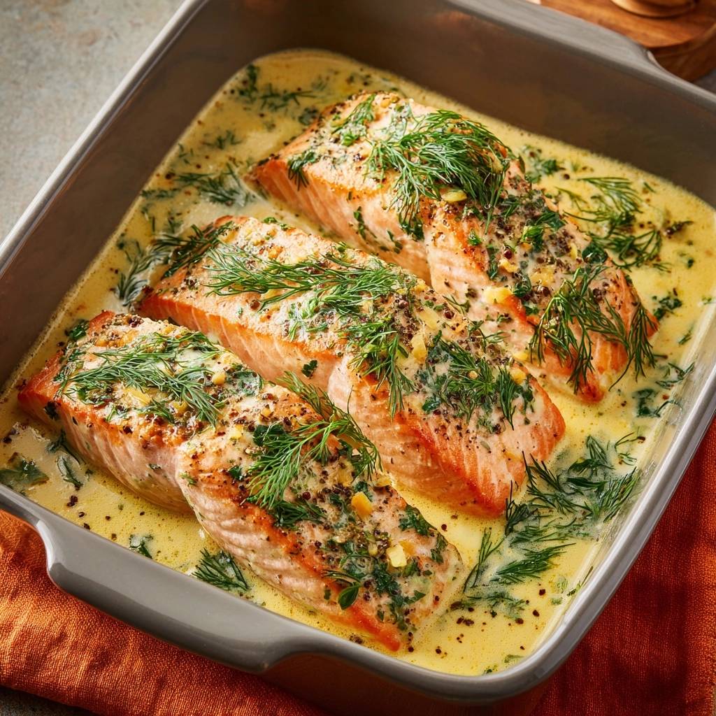Cremiger Dill Zitronen Lachs Aus Dem Ofen Draufsicht 1 Cremiger Dill-Zitronen-Lachs aus dem Ofen in einer Auflaufform, garniert mit frischem Dill und einer cremigen Sauce, Ansicht von oben.