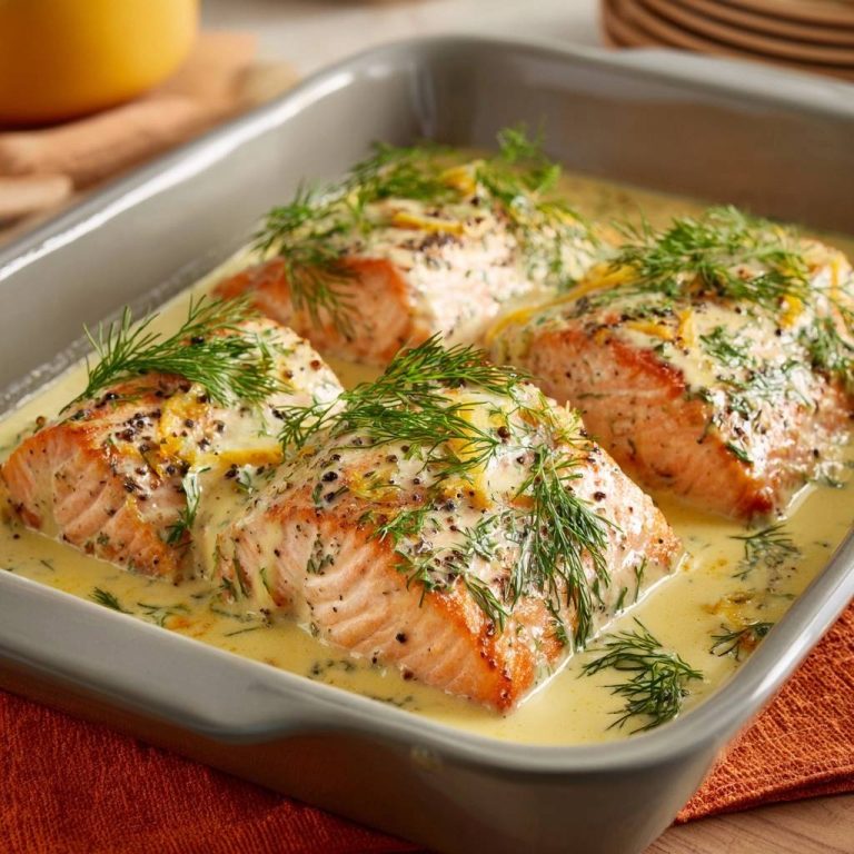 Cremiger Dill-Zitronen-Lachs aus dem Ofen in einer Nahaufnahme, serviert in einer Auflaufform, garniert mit frischem Dill und Zitronenzesten.