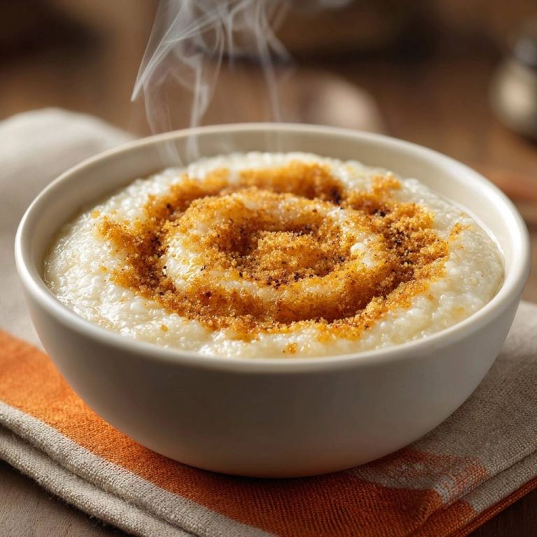 Cremiger Grießbrei mit Zucker, frisch zubereitet und dampfend serviert, mit einer dekorativen Zuckerkruste in der Mitte.