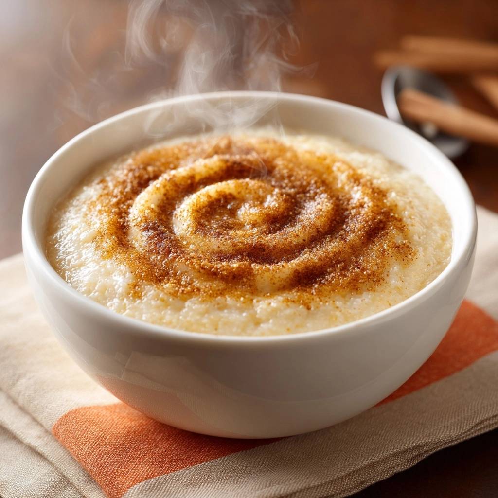 Cremiger Griessbrei Mit Zucker Spiral Topping 1 Cremiger Grießbrei mit Zucker, serviert in einer Schüssel, mit einem spiralförmigen Zimt- und Zuckerguss bedeckt, dampfend heiß.