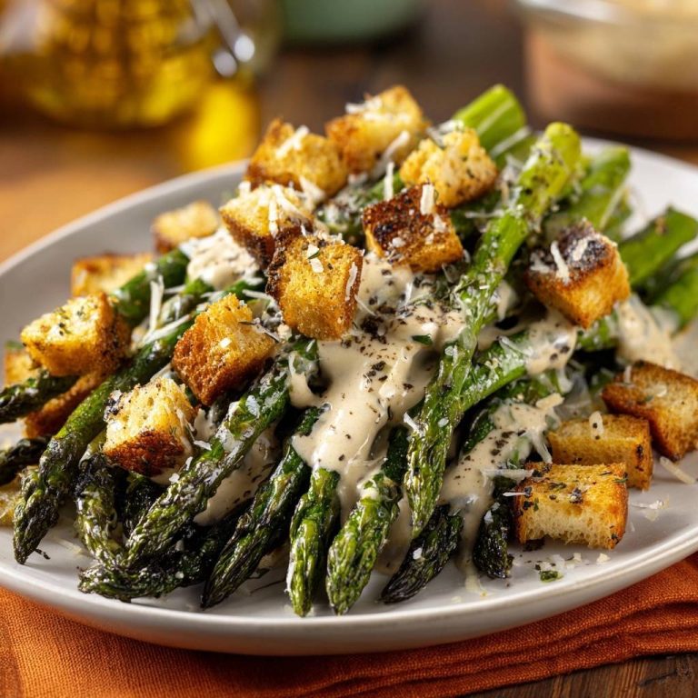 Cremiger Grünspargel mit knusprigen Croutons, serviert auf einem weißen Teller, garniert mit Croutons und geriebenem Käse. Ein köstliches vegetarisches Gericht.