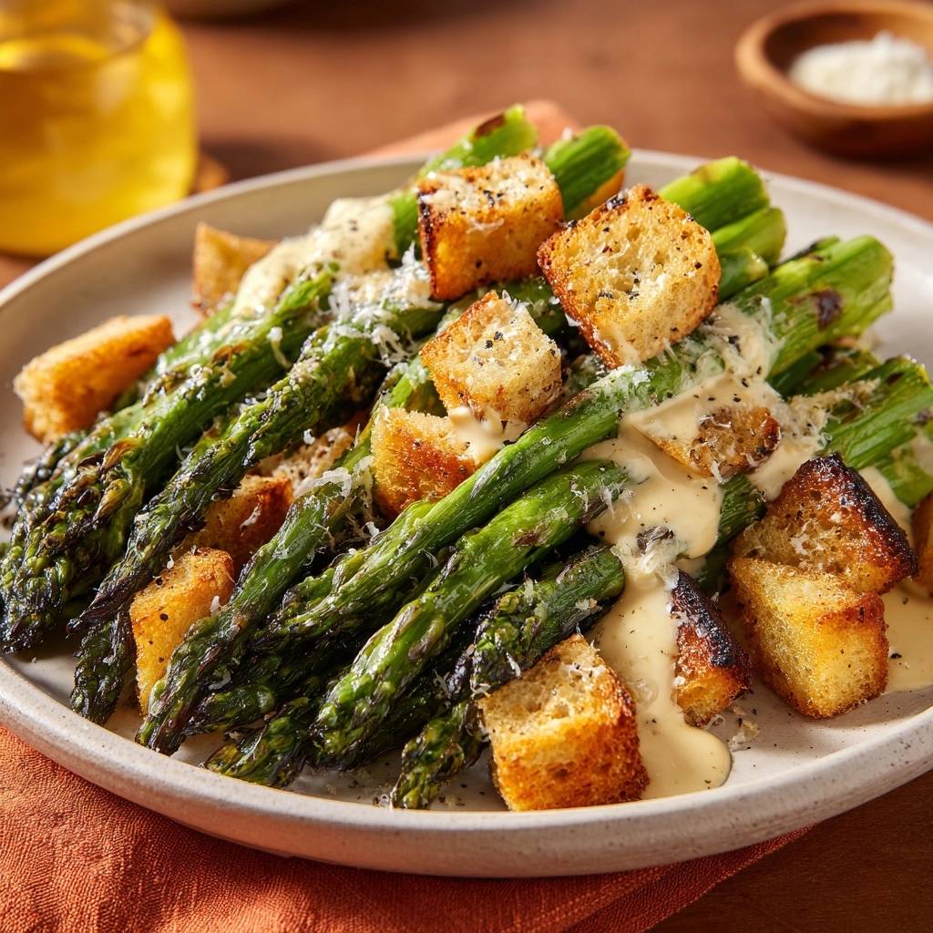 Cremiger Grunspargel Mit Knusprigen Croutons Draufsicht 1 Cremiger Grünspargel mit knusprigen Croutons in einer Nahaufnahme, serviert mit cremiger Sauce und knusprigen Croutons.