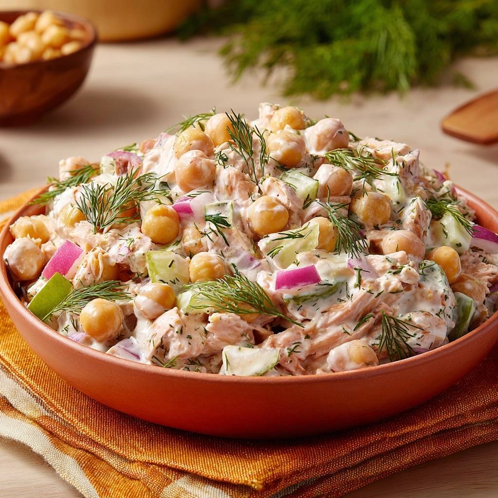 Cremiger Hahnchen Kichererbsen Salat Mit Dill Draufsicht 1 Cremiger Hähnchen-Kichererbsen-Salat mit Dill, serviert in einer Schüssel, mit frischem Dill und Kichererbsen garniert, von oben betrachtet.