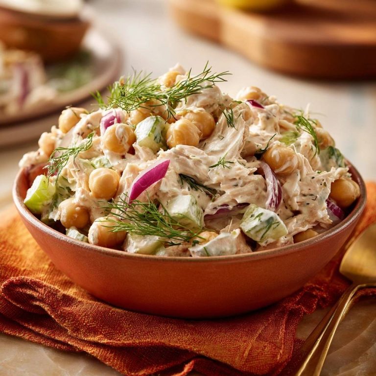 Cremiger Hähnchen-Kichererbsen-Salat in einer Schüssel aus nächster Nähe, garniert mit frischem Dill und roten Zwiebeln.