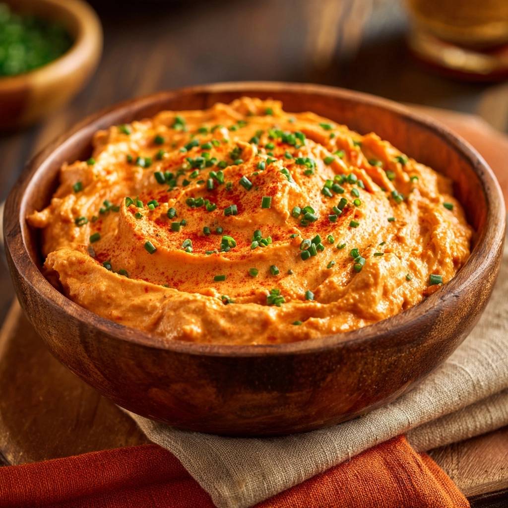 Cremiger Karotten Hummus Draufsicht Garniert 1 Cremiger Karotten-Hummus in einer Holzschüssel, garniert mit frischen Kräutern und Paprikapulver, von oben betrachtet.
