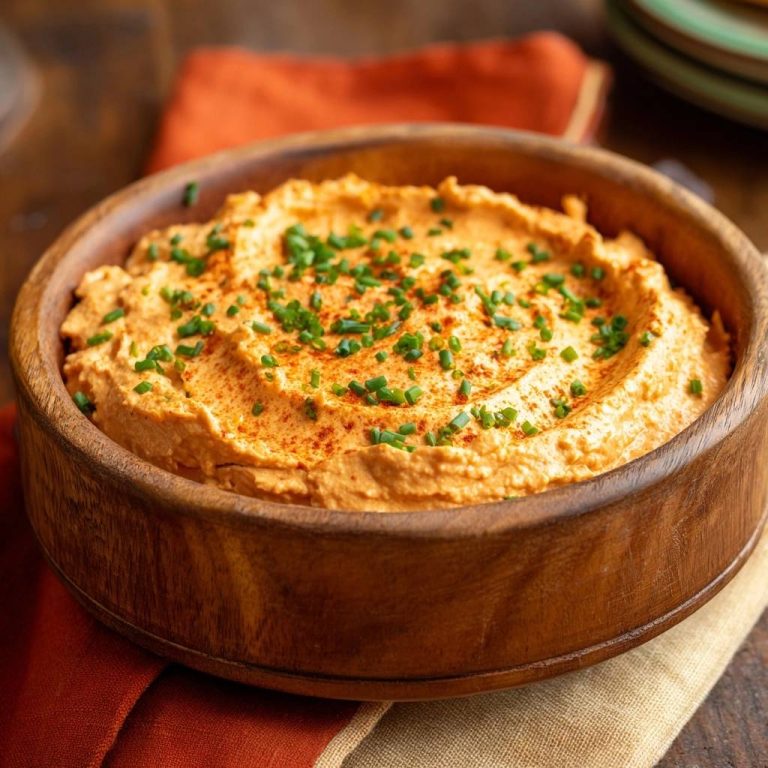 Cremiger Karotten-Hummus, serviert in einer Holzschale, garniert mit frischen Kräutern und Paprika. Ein köstlicher vegetarischer Dip, perfekt zum Dippen von Gemüse oder Brot.