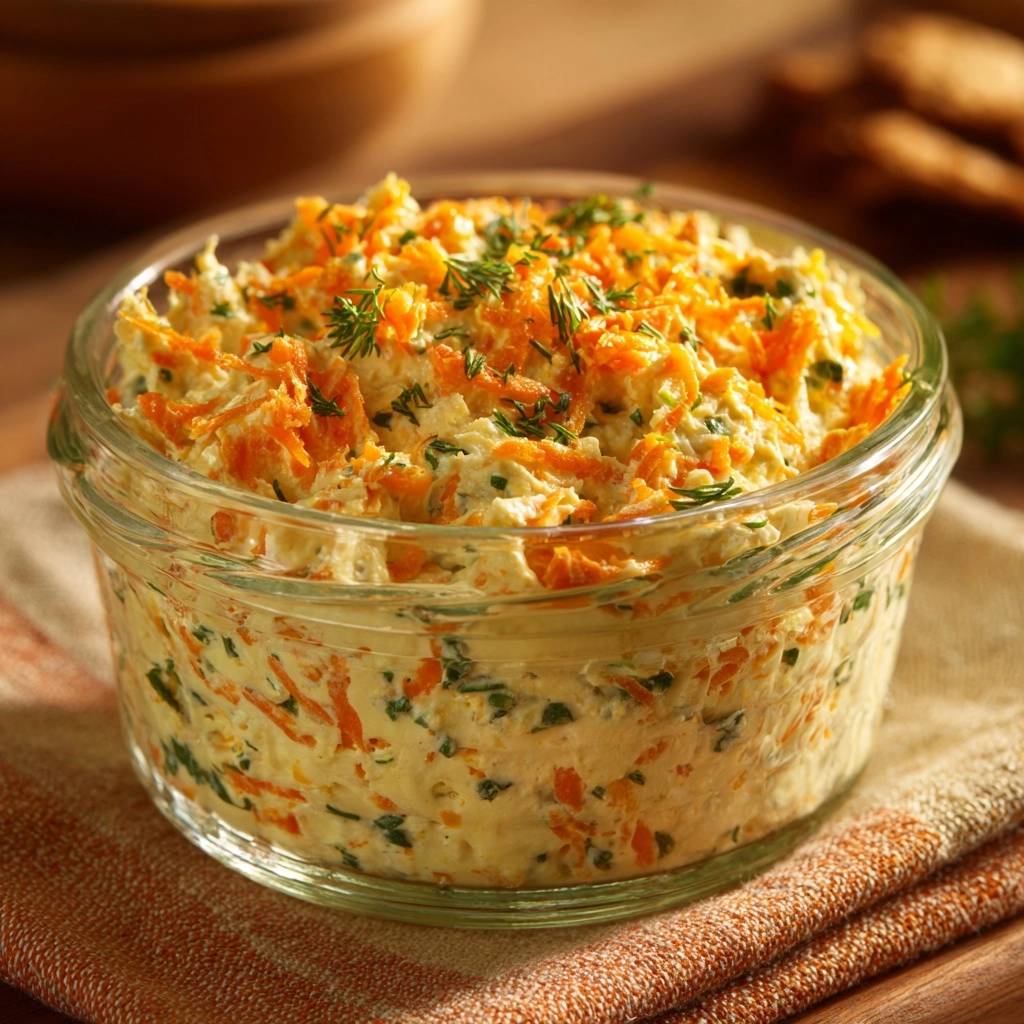 Cremiger Karotten Kraeuter Dip Close Up 1 Cremiger Karotten-Kräuter-Dip in einer Glasschale, eine Nahaufnahme mit frischen Kräutern und geriebenen Karotten. Dieser cremige Dip ist perfekt für Gemüse oder Cracker.