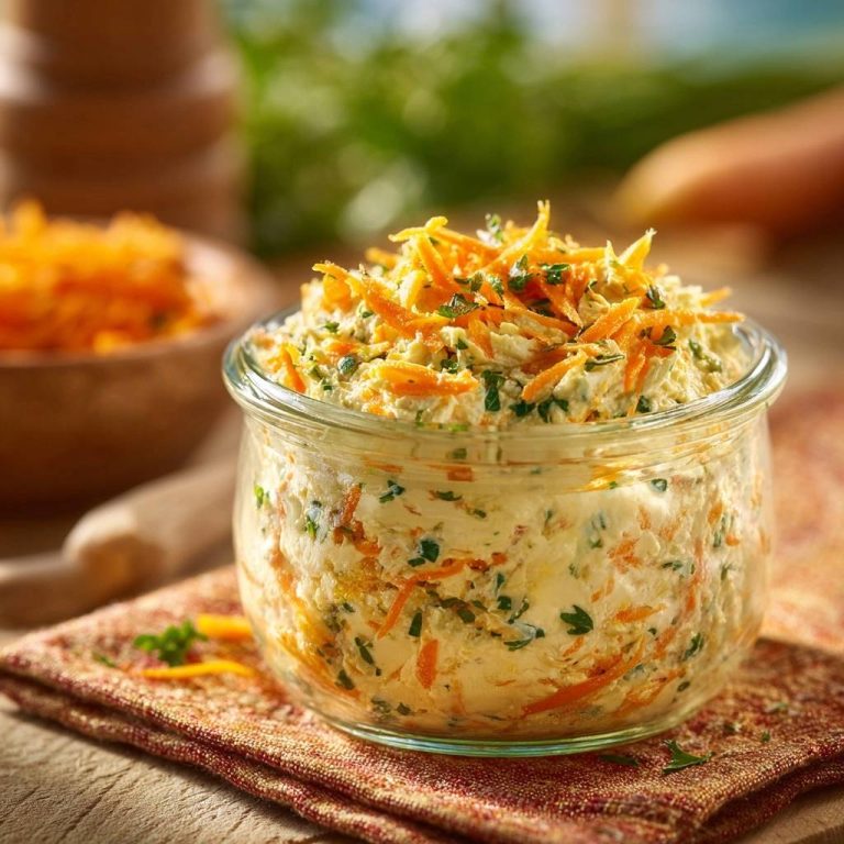 Cremiger Karotten-Kräuter-Dip in einem Glas, garniert mit frischen Karottenstreifen und Kräutern, in Nahaufnahme auf einem Tisch.