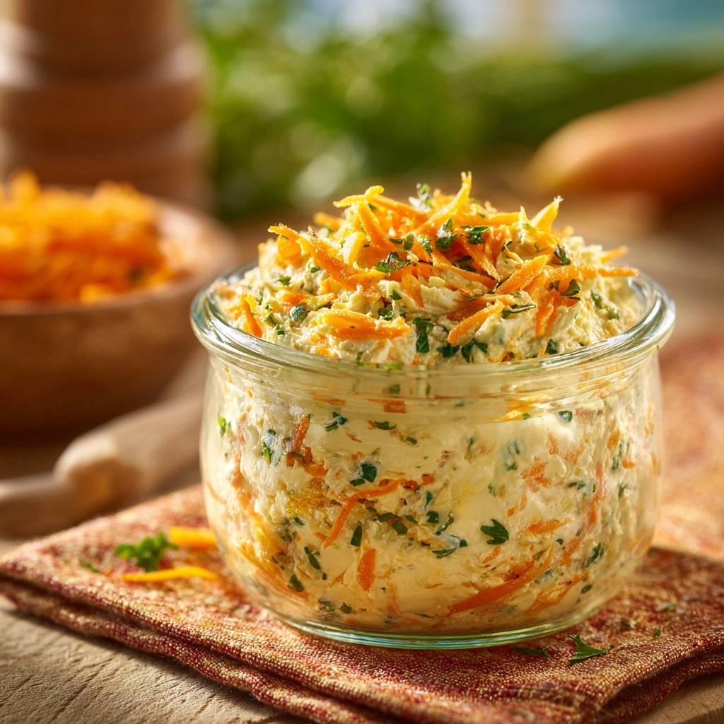 Cremiger Karotten-Kräuter-Dip in einem Glas, garniert mit frischen Karottenstreifen und Kräutern, in Nahaufnahme auf einem Tisch.