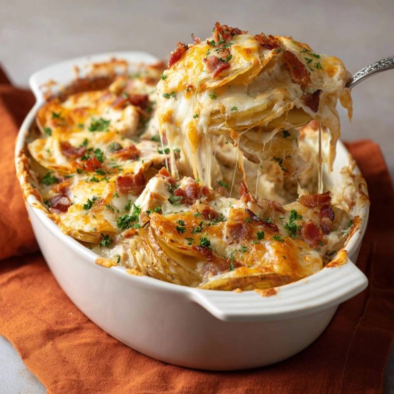 Cremiger Kartoffel-Bacon-Gratin mit geschmolzenem Käse, der sich beim Herausheben aus der Auflaufform zieht. Köstliches Gratin mit knusprigem Speck.
