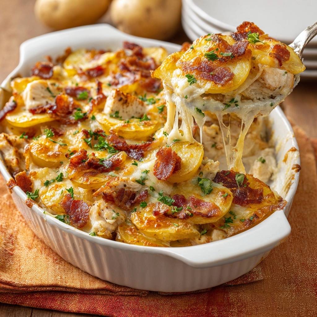 Cremiger Kartoffel Bacon Gratin Querschnitt 1 Cremiger Kartoffel-Bacon-Gratin mit geschmolzenem Käse, Speck und Kartoffeln im Nahaufnahme, serviert aus der Auflaufform.