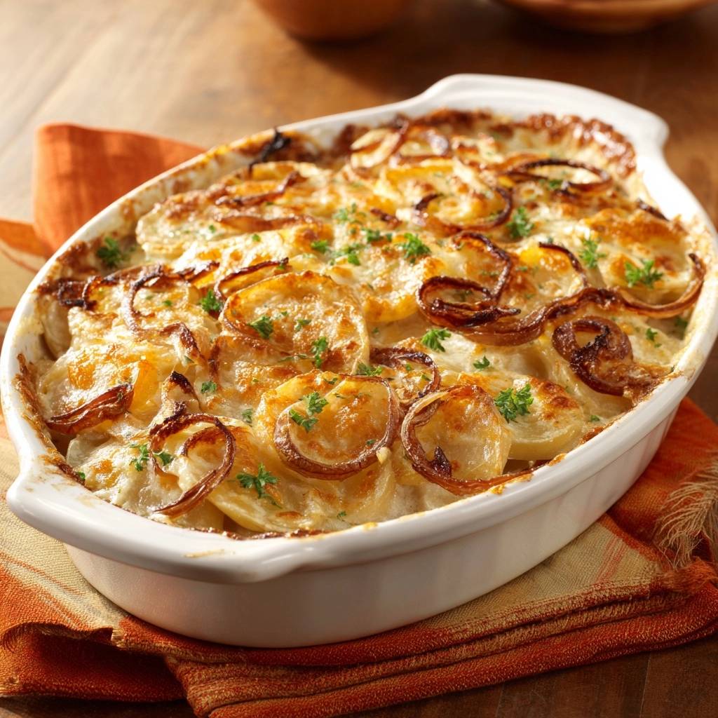 Cremiger Kartoffel Zwiebel Gratin Draufsicht 1 Cremiger Kartoffel-Zwiebel-Gratin in einer Auflaufform, serviert mit knusprigen Zwiebeln und frischer Petersilie, von oben gesehen.