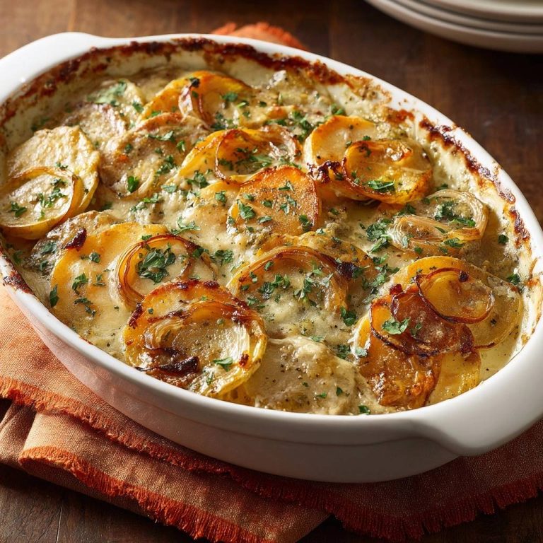 Cremiger Kartoffel-Zwiebel-Gratin in einer Auflaufform, serviert als Draufsicht mit goldbraun gebackenen Kartoffelscheiben. Das cremige Gratin ist mit frischer Petersilie garniert.