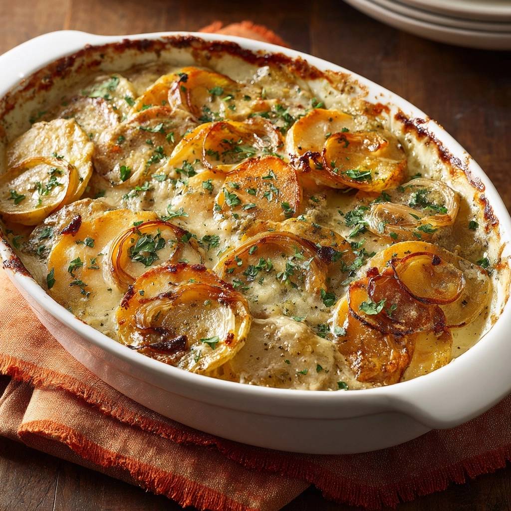 Cremiger Kartoffel-Zwiebel-Gratin in einer Auflaufform, serviert als Draufsicht mit goldbraun gebackenen Kartoffelscheiben. Das cremige Gratin ist mit frischer Petersilie garniert.