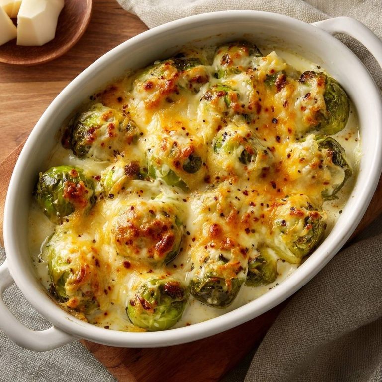Cremiger Käse-Rosenkohl-Auflauf, eine köstliche Auflaufform von oben betrachtet, mit geschmolzenem Käse und goldbraunen Stellen.