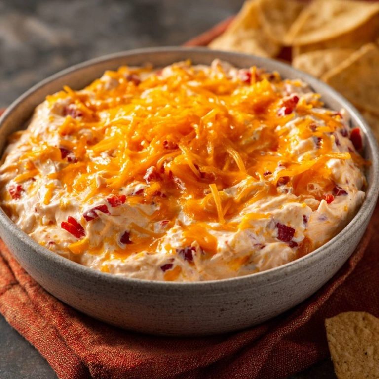 Cremiger Paprika-Cheddar-Dip von oben betrachtet, bedeckt mit geschmolzenem Cheddar-Käse und serviert mit Tortilla-Chips.