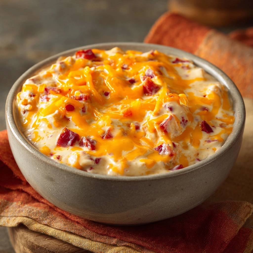 Cremiger Paprika Cheddar Dip Nahaufnahme 1 Cremiger Paprika-Cheddar-Dip in einer grauen Schüssel, mit geschmolzenem Cheddar-Käse und rot gewürfelten Paprikastücken. Nahaufnahme zeigt die cremige Textur.