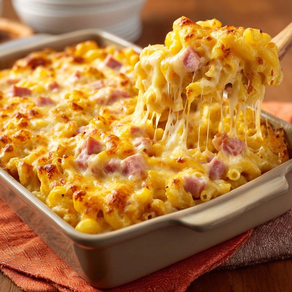 Cremiger Schinken Mac And Cheese Kaese Zieht 1 Cremiger Schinken-Mac-and-Cheese mit geschmolzenem Käse, der sich zieht, serviert in einer Auflaufform, bereit zum Genießen.
