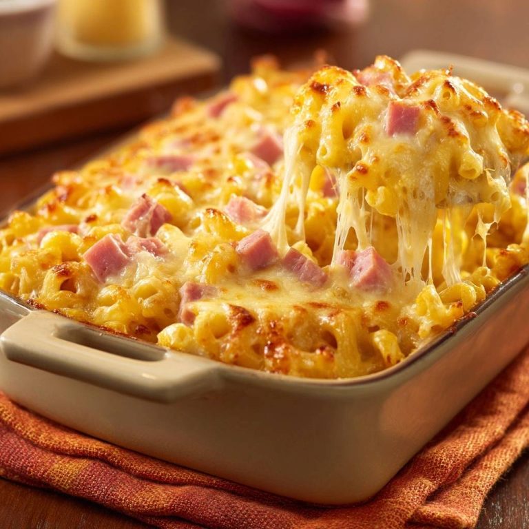 Cremiger Schinken-Mac-and-Cheese zeigt geschmolzenen Käse, der sich beim Herausheben aus der Auflaufform zieht. Ein herzhaftes Gericht, das zum Genießen einlädt.