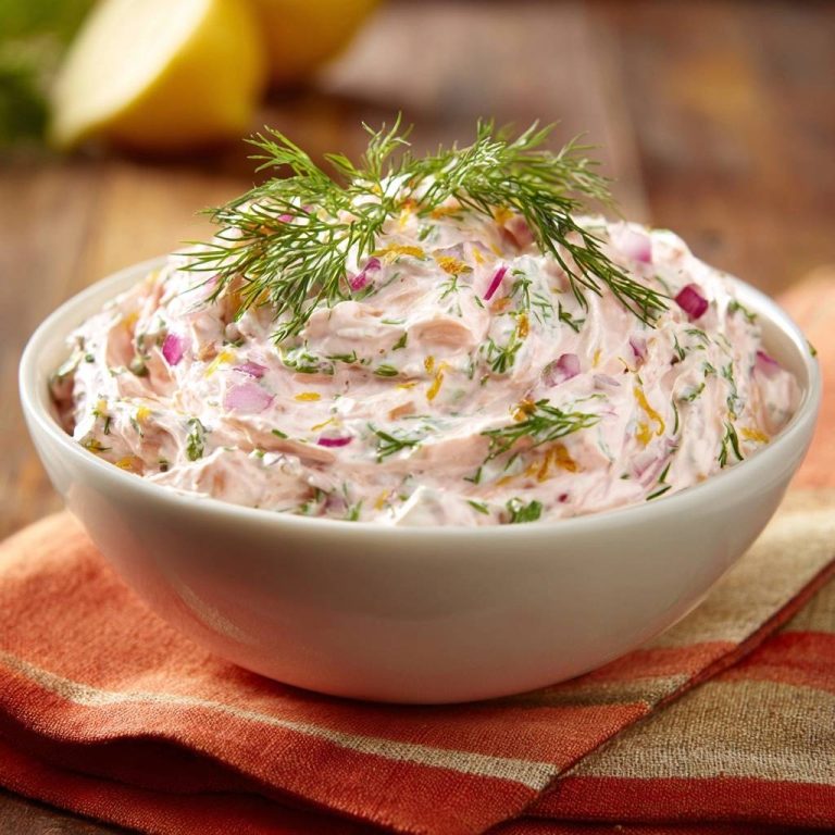 Cremiger Zitronen-Dill-Lachs-Dip in einer Schüssel, garniert mit frischem Dill, roter Zwiebel und Zitronenschale, serviert auf einem orangefarbenen Tischtuch.