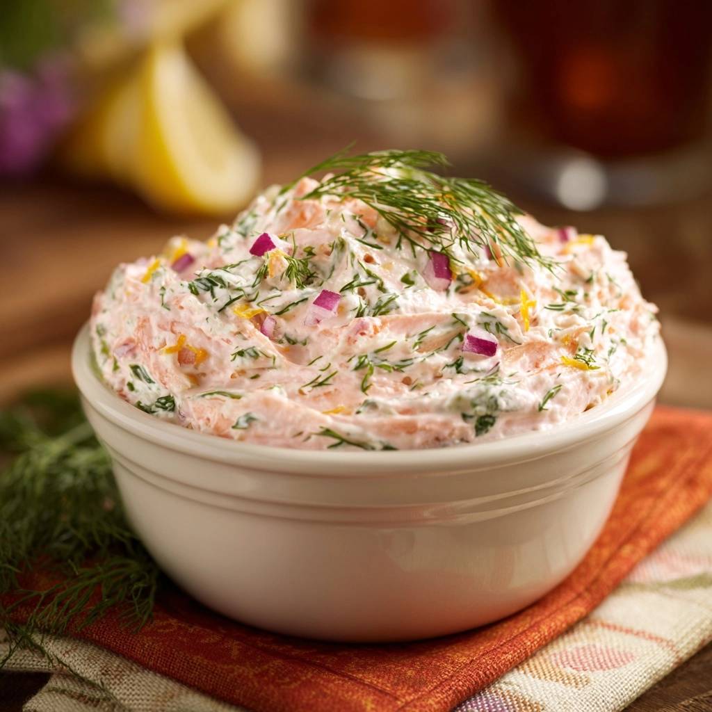 Cremiger Zitronen Dill Lachs Dip Nahaufnahme 1 Cremiger Zitronen-Dill-Lachs-Dip in Nahaufnahme: Der cremige Dip mit frischem Dill, roten Zwiebeln und Zitrone in einer Schüssel serviert.