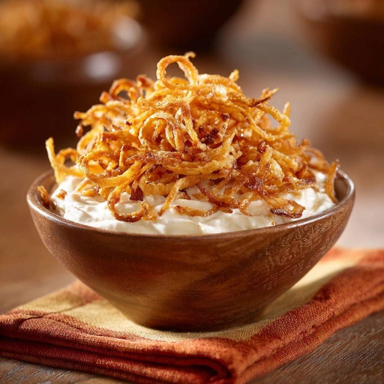 Cremiger Zwiebel-Dip mit ultra-knusprigen Streifen, serviert in einer Holzschale, mit Blick auf die knusprige Textur der Zwiebeln.