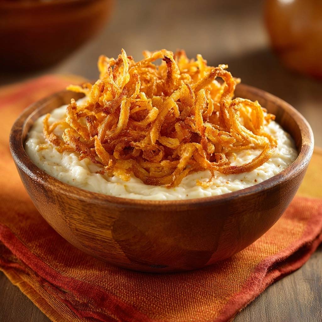 Cremiger Zwiebel Dip Ultra Knusprige Streifen Draufsicht 1 Cremiger Zwiebel-Dip mit ultra-knusprigen Streifen, serviert in einer rustikalen Holzschale, mit knusprigen Zwiebelstreifen als üppige Garnierung.