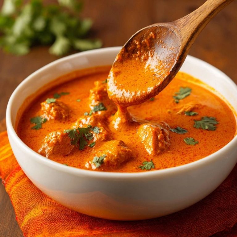 Cremiges Butter Chicken in einer weißen Schüssel, serviert mit einem Holzlöffel, der die cremige Sauce zeigt und zum Servieren einlädt.