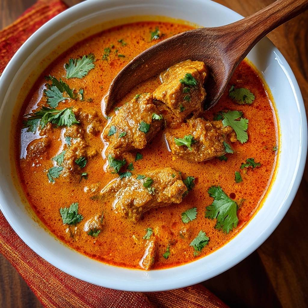 Cremiges Butter Chicken Serviert Nahaufnahme 1 Cremiges Butter Chicken in einer weißen Schüssel, serviert in Nahaufnahme, garniert mit frischer Korianderblätter. Die cremige Sauce und das zarte Fleisch laden zum Genießen ein.