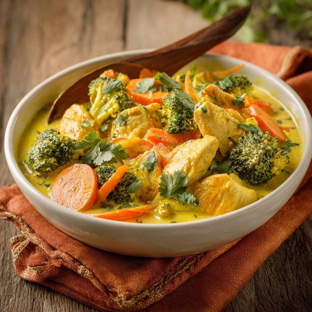 Cremiges Gelbes Huhnchen Curry Mit Brokkoli Serviert 1 Cremiges gelbes Hähnchen-Curry mit Brokkoli, serviert in einer cremefarbenen Schüssel, garniert mit frischem Koriander und auf einem rustikalen Holztisch.