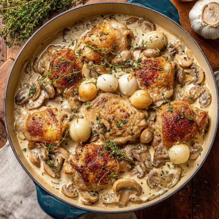 Cremiges Hähnchen mit Pilzen und Perlenzwiebeln in einer großen Pfanne, aufgenommen aus der Vogelperspektive, mit frischen Kräutern garniert.