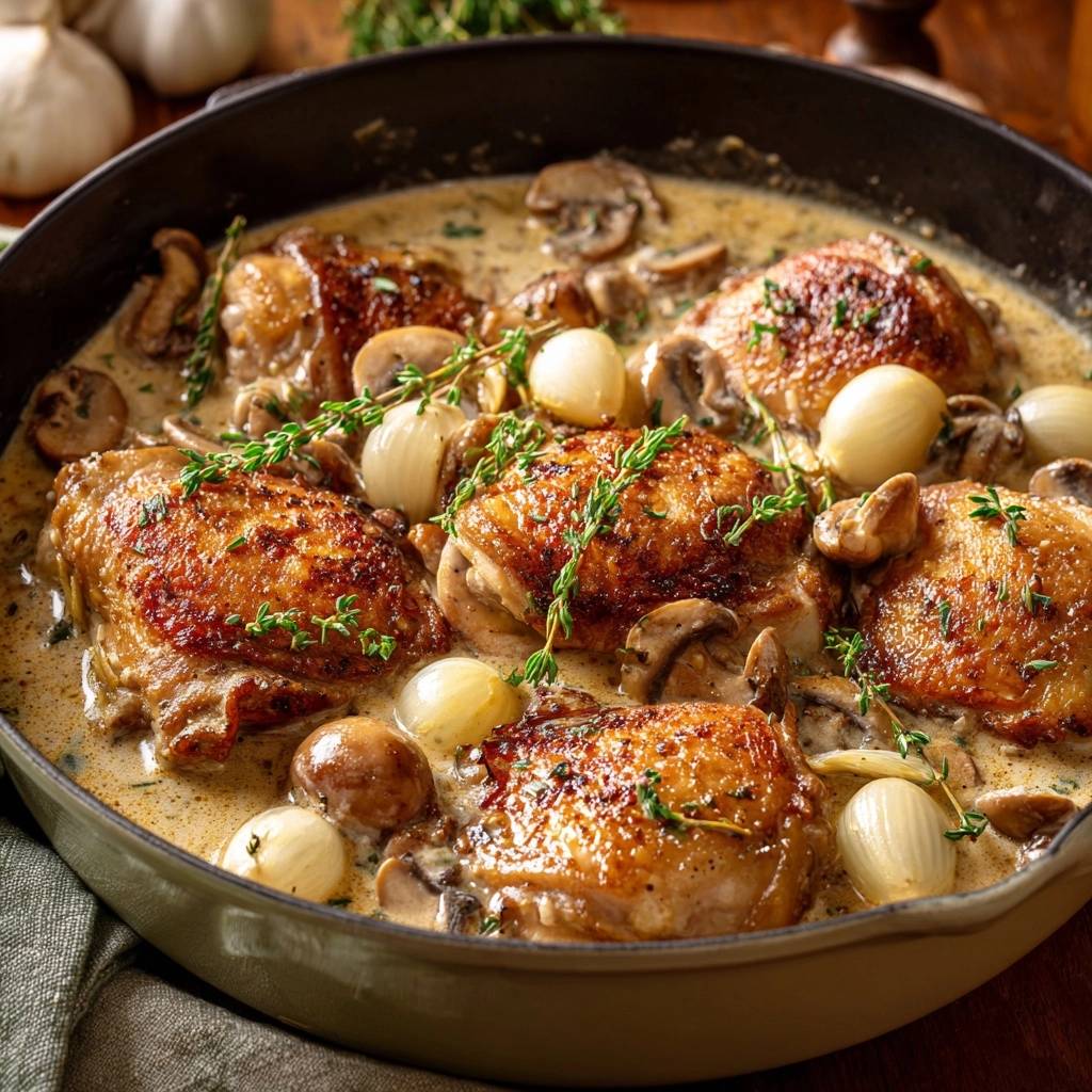 Cremiges Huhn Mit Pilzen Und Perlenzwiebeln Draufsicht 1 Cremiges Hähnchen mit Pilzen und Perlenzwiebeln in einer Pfanne, serviert mit cremiger Sauce, Pilzen, Zwiebeln und frischen Kräutern.