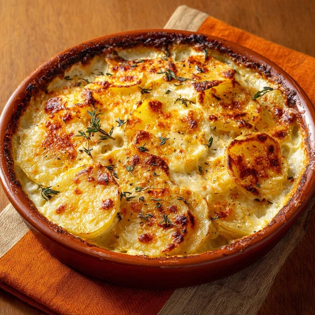 Cremiges Kartoffelgratin Mit Thymian Draufsicht 1 Cremiges Kartoffelgratin mit Thymian, in einer Auflaufform gebacken, mit frischen Thymianzweigen garniert und von oben betrachtet.