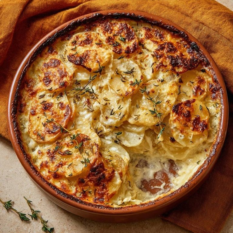 Cremiges Kartoffelgratin mit Thymian, draufsicht, serviert in einer rustikalen Auflaufform, mit goldbraun gebackenen Kartoffelscheiben und frischem Thymian garniert.