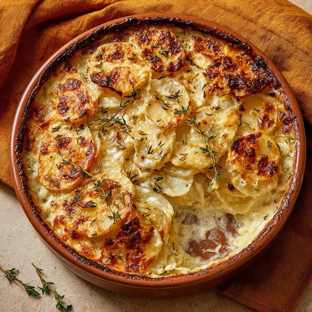 Cremiges Kartoffelgratin mit Thymian, draufsicht, serviert in einer rustikalen Auflaufform, mit goldbraun gebackenen Kartoffelscheiben und frischem Thymian garniert.