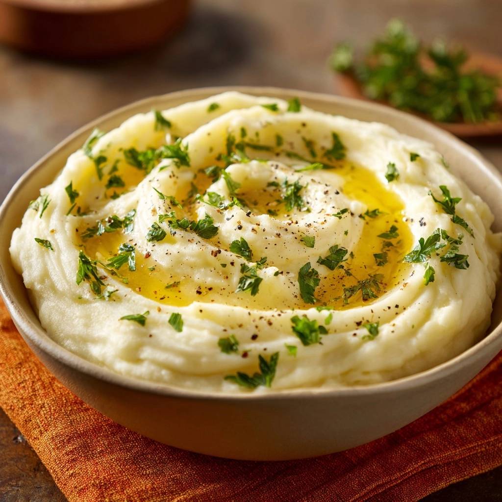 Cremiges Kartoffelpuree Mit Butter Und Kraeutern 1 Cremiges Kartoffelpüree, verfeinert mit zerlassener Butter und frischen Kräutern, draufsicht in einer Schüssel serviert.