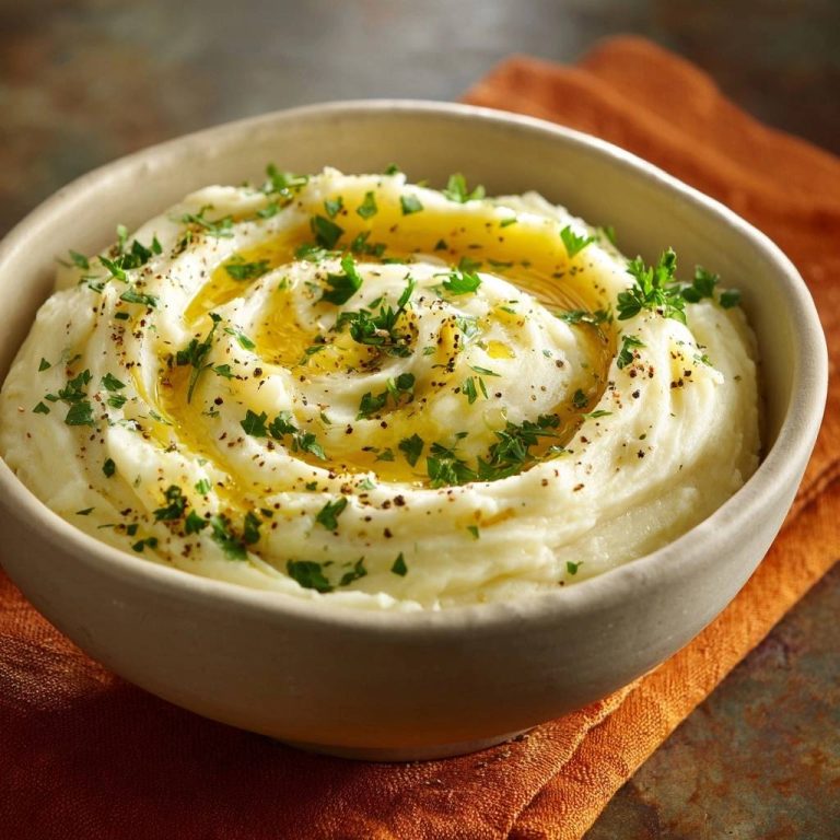 Cremiges Kartoffelpüree mit Olivenöl und frischen Kräutern, serviert in einer rustikalen Schale, von oben betrachtet. Ein einfaches und köstliches Gericht.