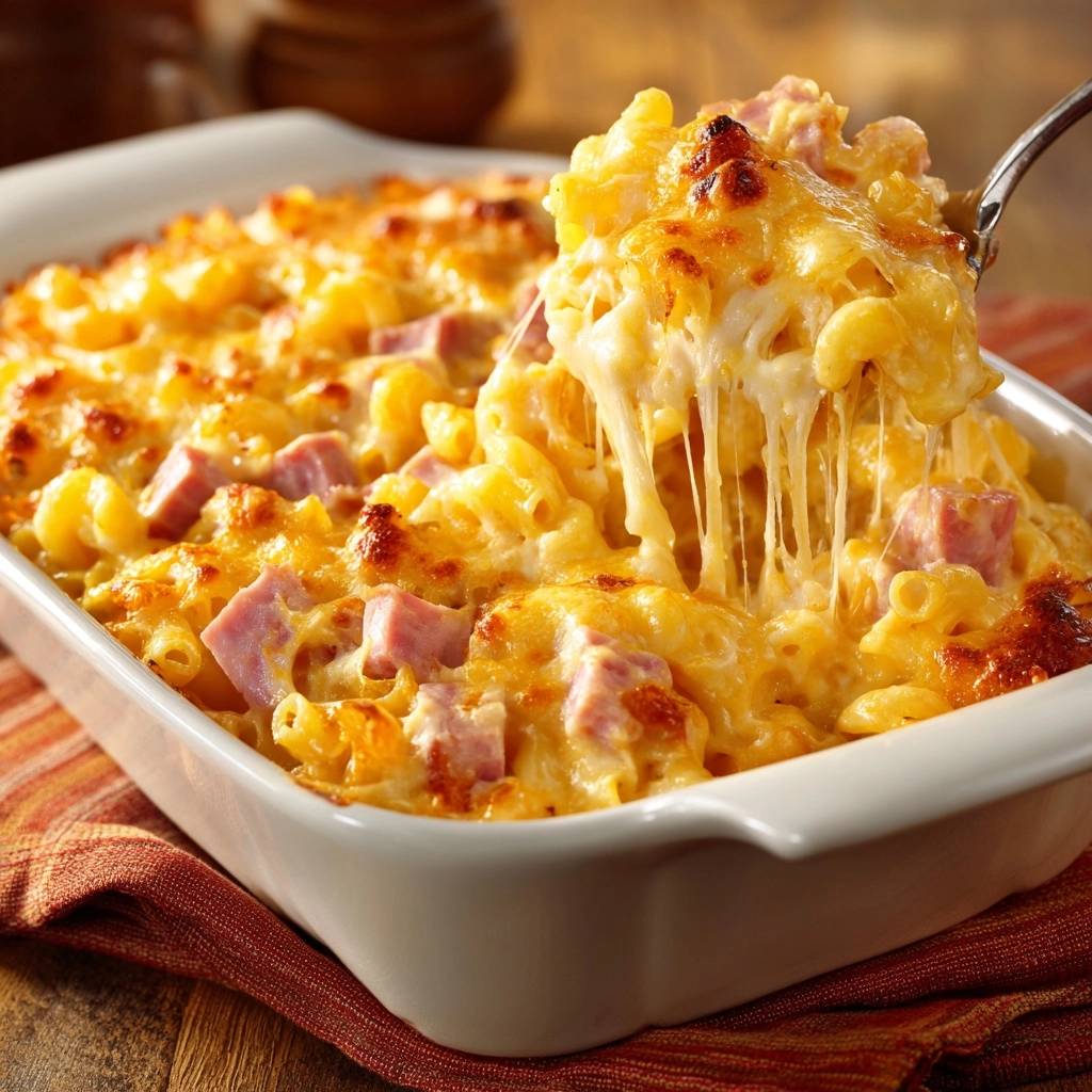 Cremiges Schinken Mac And Cheese Kaese Faden 1 Cremiges Schinken-Mac-and-Cheese zeigt geschmolzenen Käse, der sich beim Herausheben aus der Auflaufform zieht. Köstliches, hausgemachtes Gericht mit Nudeln und Schinken.