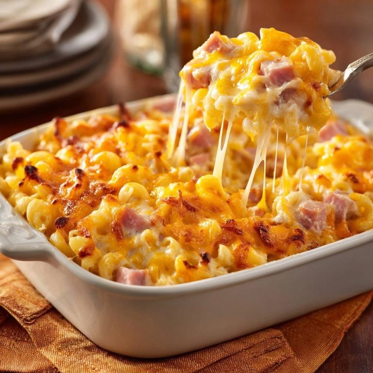 Cremiges Schinken-Mac-and-Cheese zeigt in einer Nahaufnahme geschmolzenen Käse, der sich beim Abheben vom Auflauf in Fäden zieht.