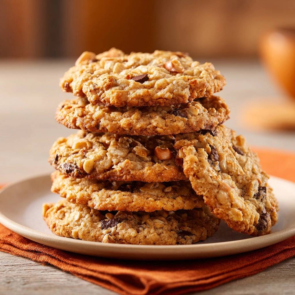 Dicke Hafer Haselnuss Schoko Cookies Gestapelt 1 Dicke Hafer-Haselnuss-Schoko-Cookies sind hier gestapelt und serviert auf einem Teller, mit einer Nahaufnahme der knusprigen Textur.