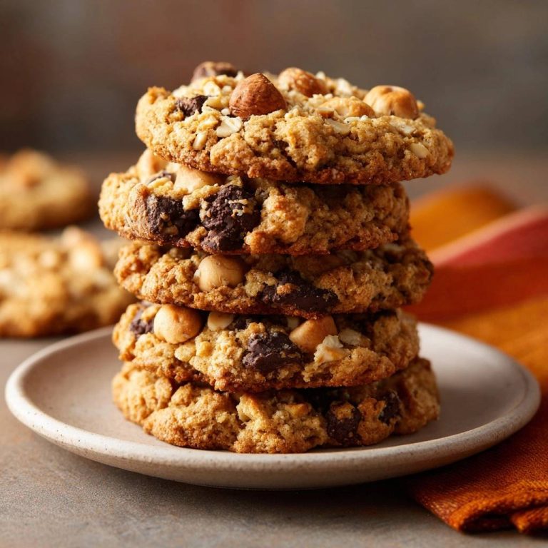 Dicke Hafer-Haselnuss-Schoko-Cookies sind auf einem Teller gestapelt, mit sichtbaren Schokoladenstücken und knackigen Haselnüssen.
