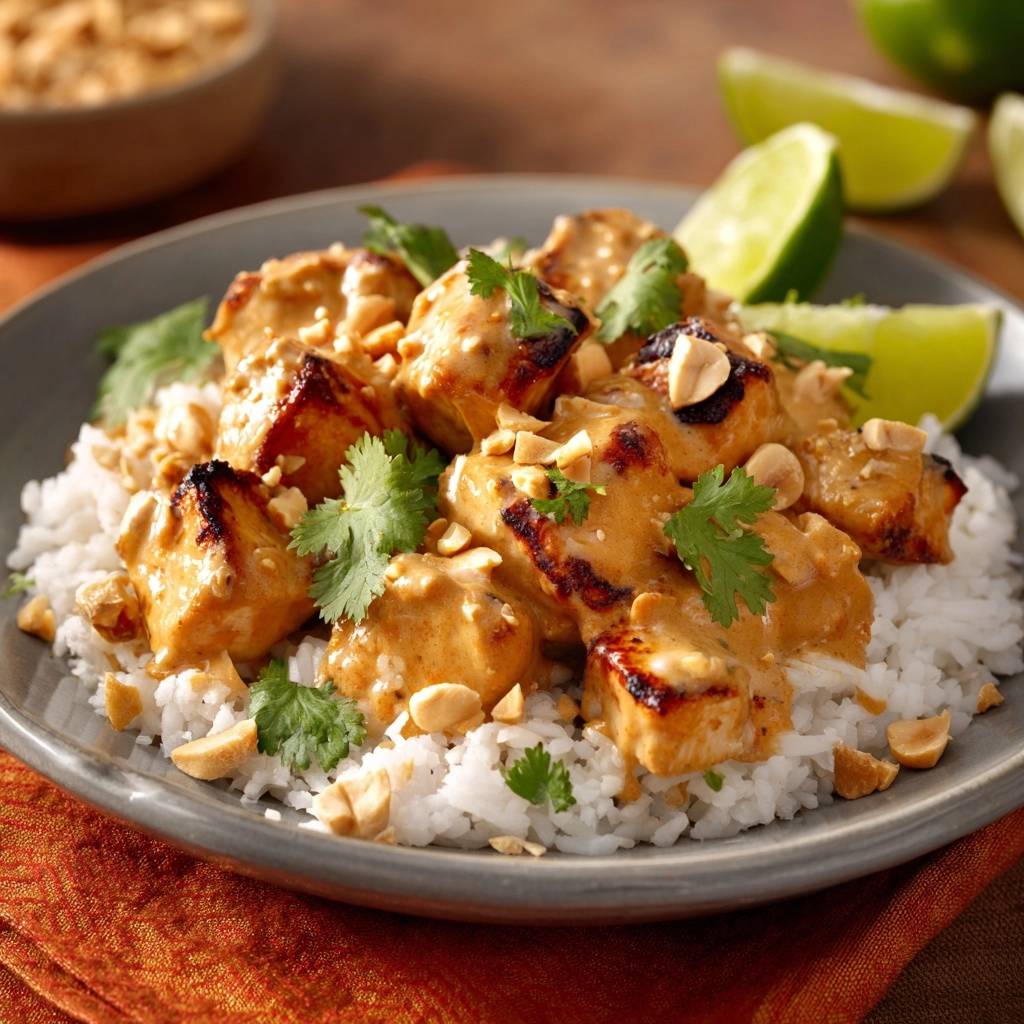 Erdnuss Hhnchen Thai Style Auf Reis Serviert 1 Erdnuss-Hähnchen Thai-Style auf Reis serviert auf einem Teller, garniert mit Erdnüssen, Koriander und Limettenspalten.