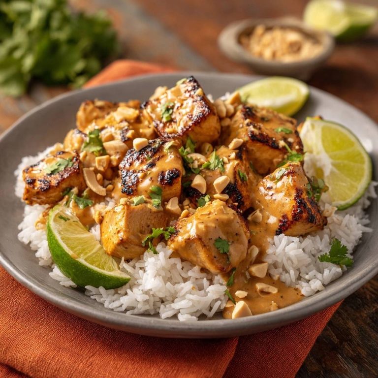Erdnuss-Hähnchen Thai-Style auf Reis serviert auf einem Teller, garniert mit Limetten und Erdnüssen. Ein köstliches Thai-Gericht mit saftigem Hähnchen.