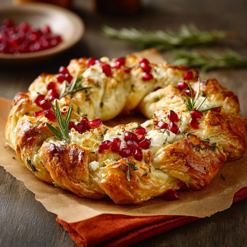 Festlicher Feta Granatapfel Kranz Draufsicht 1 Der Festliche Feta-Granatapfel-Kranz ist in einer Nahaufnahme von oben zu sehen, garniert mit Granatapfelkernen und Rosmarinzweigen.