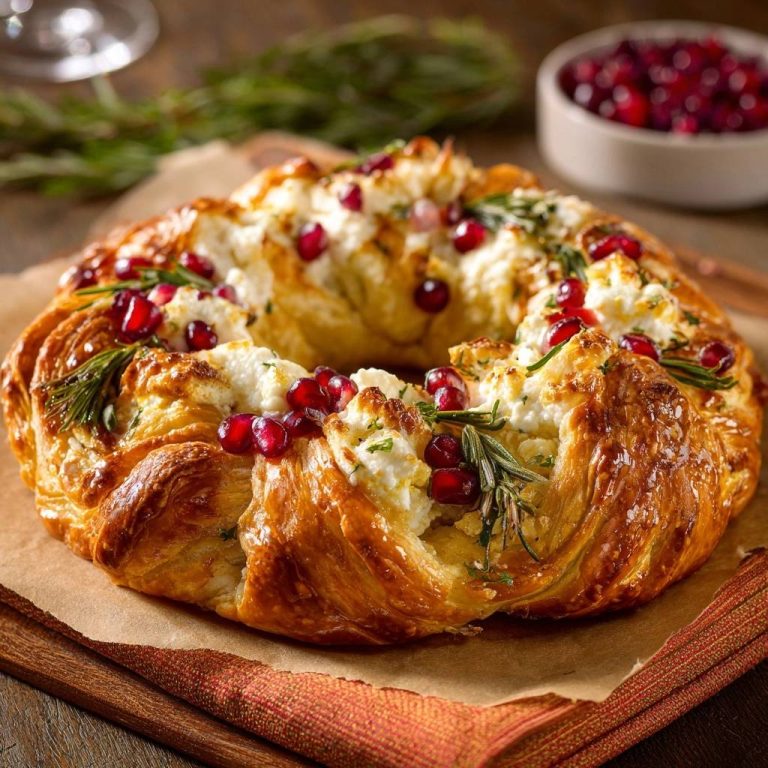 Festlicher Feta-Granatapfel-Kranz, ein köstliches Gebäck mit Feta, Granatapfelkernen und Rosmarin, serviert auf einem rustikalen Holzbrett.