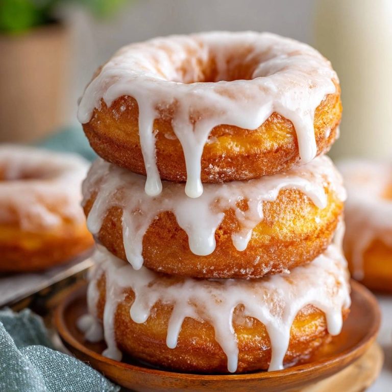 Fluffige gebackene Zuckerguss-Donuts in einem gestapelten Turm, mit weißem Zuckerguss, der an den Seiten herunterläuft. Ein köstliches Gebäck mit perfekt gebackener Textur.