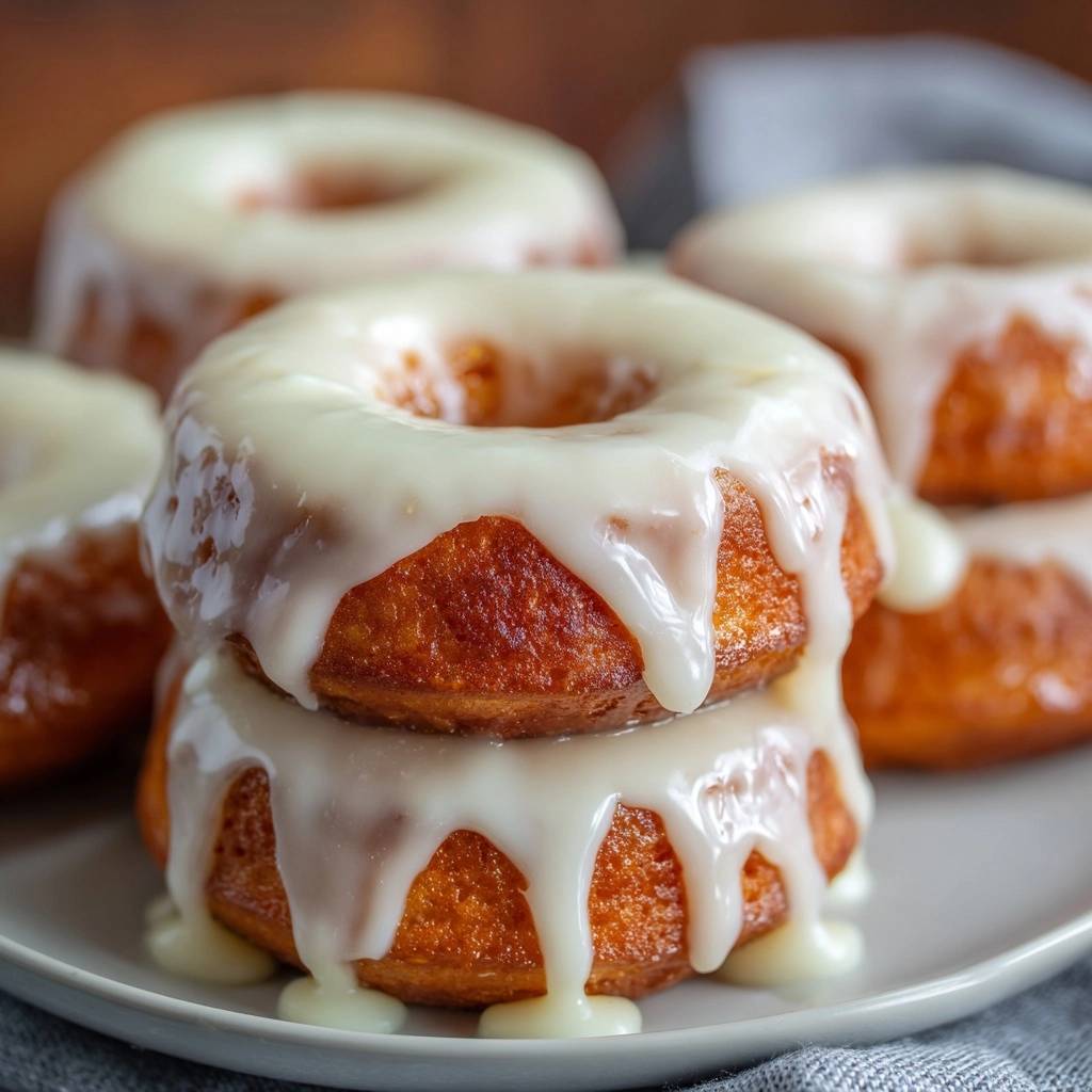 Fluffige Gebackene Zuckerguss Donuts Nahaufnahme Glasiert 1 Fluffige gebackene Zuckerguss-Donuts in Nahaufnahme, reichlich mit weißem Zuckerguss glasiert, der über die Seiten tropft.